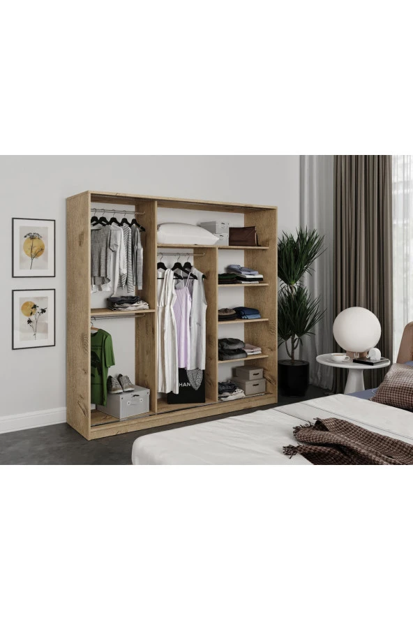 KZNMOB HOME Samira 3 Kapaklı Sürgülü Aynalı Gardrop Elbise Dolabı - Tamamı Meşe Mdf - 3