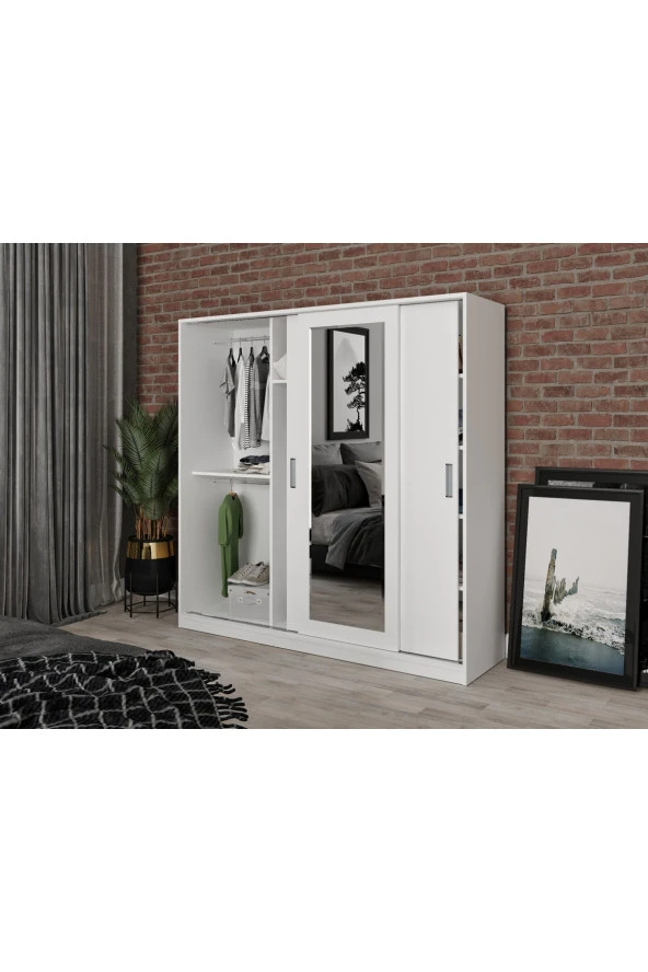 KZNMOB HOME Beyaz Samira Mdf Sürgülü Aynalı Gardrop Elbise Dolabı 3 Kapılı - 3