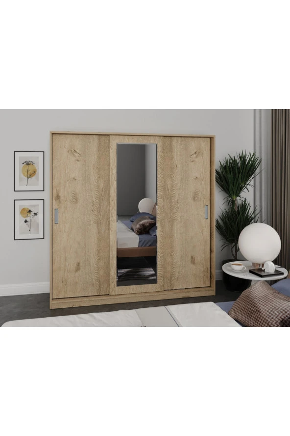 KZNMOB HOME Samira 3 Kapaklı Sürgülü Aynalı Gardrop Elbise Dolabı - Tamamı Meşe Mdf - 4