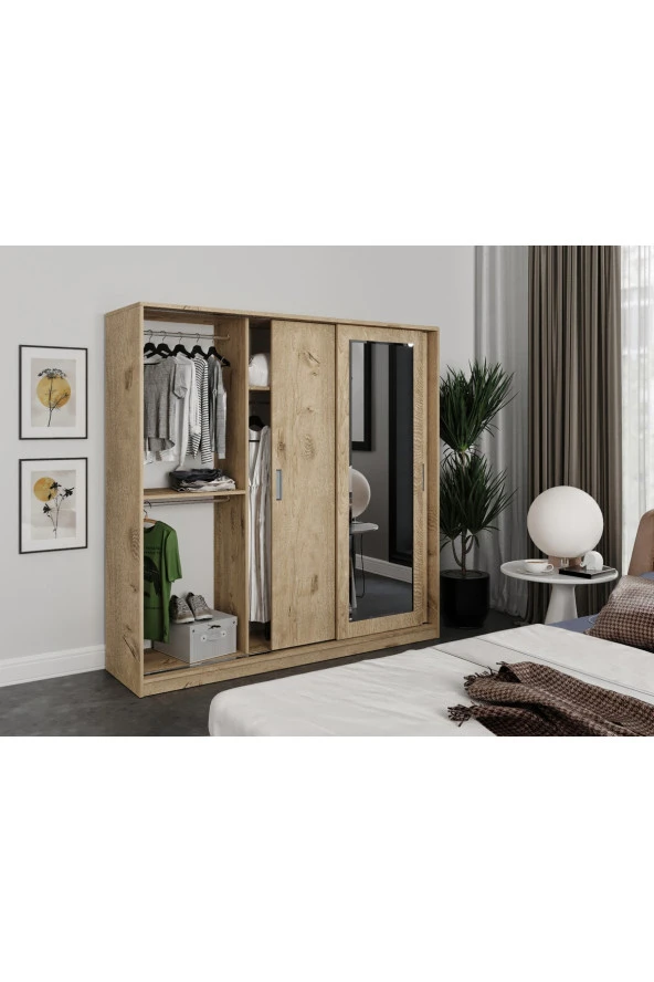KZNMOB HOME Samira 3 Kapaklı Sürgülü Aynalı Gardrop Elbise Dolabı - Tamamı Meşe Mdf - 5