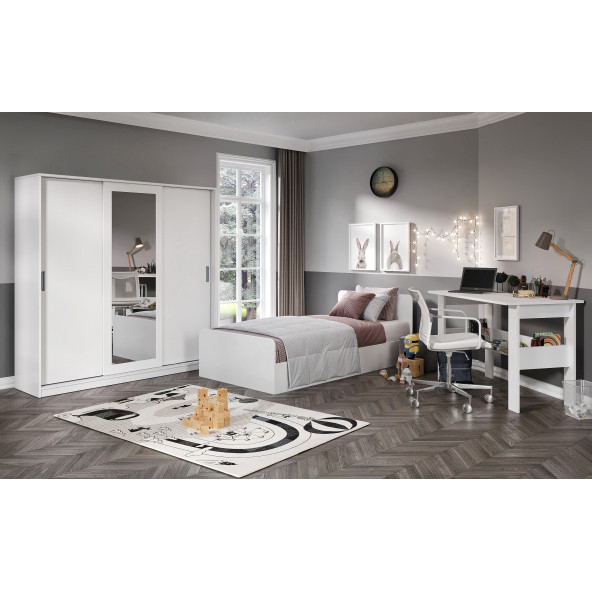 KZNMOB HOME Anemon 3 Parçalı Tek Kişilik Mdf Yatak Odası Takımı - Tamamı 1. Kalite Mdf Gardrop, Masa, Karyola