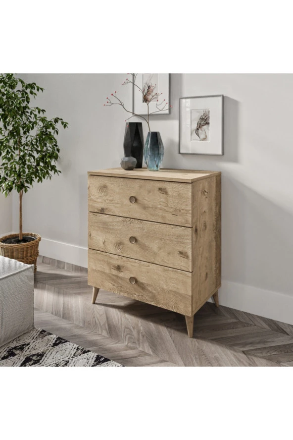 KZNMOB HOME Gardenya 3 Çekmeceli Meşe Şifonyer - Tamamı 1. Kalite Mdf - 3