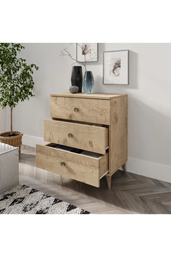KZNMOB HOME Gardenya 3 Çekmeceli Meşe Şifonyer - Tamamı 1. Kalite Mdf - 2