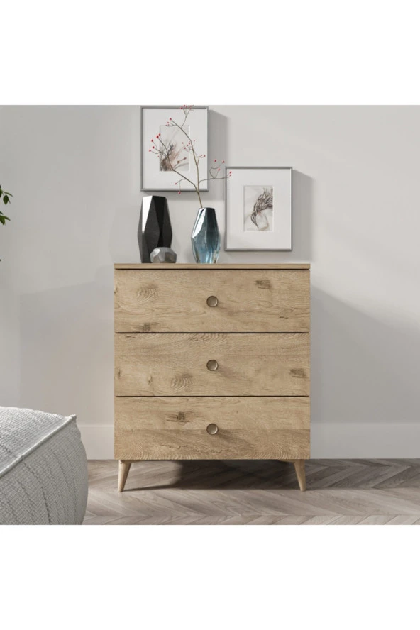 KZNMOB HOME Gardenya 3 Çekmeceli Meşe Şifonyer - Tamamı 1. Kalite Mdf - 2
