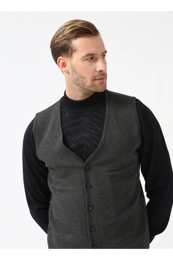 V Yaka Kapitone Antrasit Erkek Kazak Tr2013700297 - 2