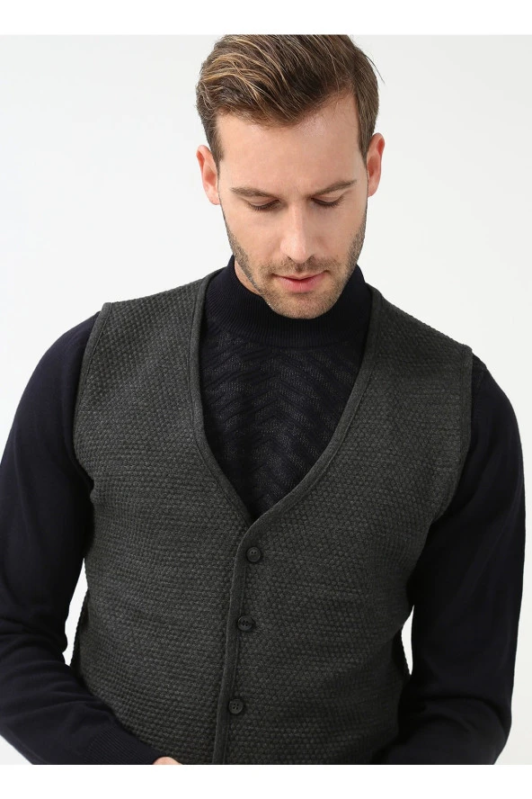 V Yaka Kapitone Antrasit Erkek Kazak Tr2013700297 - 3