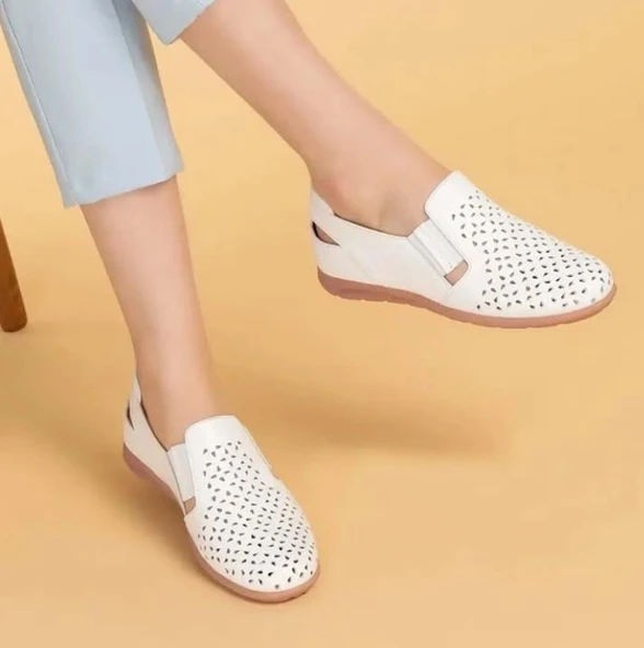 Hakiki Deri Ortopedik Taban Günlük Ayakkabı Beyaz