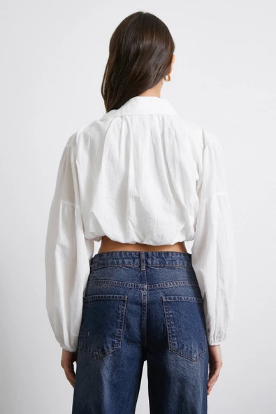 Balon Kol Crop Gömlek Beyaz - Resim 6