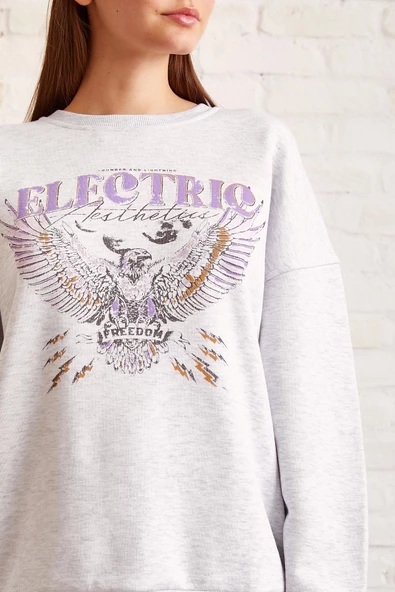 Bisiklet Yaka Baskılı Sweatshirt Kar Melanj - 6