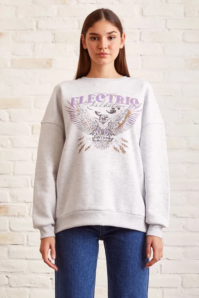 Bisiklet Yaka Baskılı Sweatshirt Kar Melanj - 5