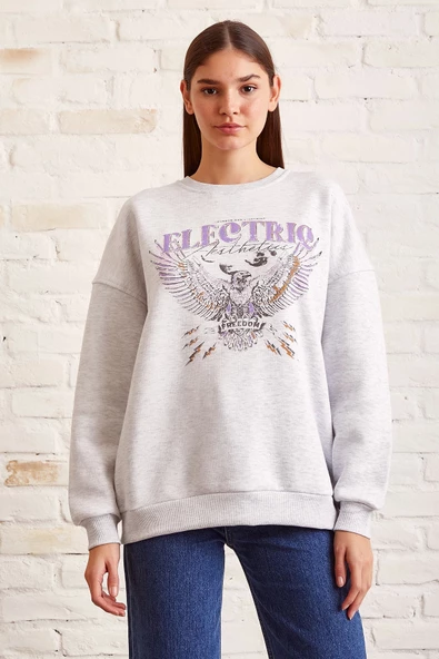 Bisiklet Yaka Baskılı Sweatshirt Kar Melanj - 2