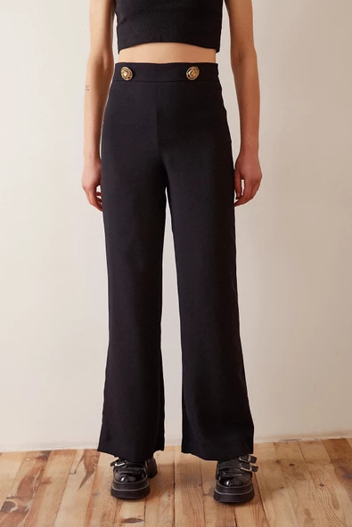 Düğme Detaylı Salaş Pantolon Siyah - 4