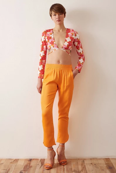 Beli Lastikli Saten Pantolon Turuncu ürün görseli