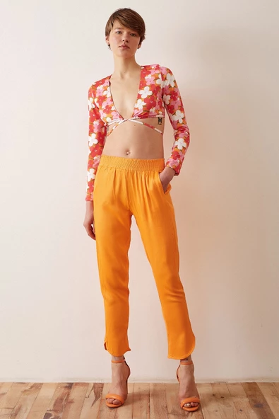 Beli Lastikli Saten Pantolon Turuncu - Resim 2