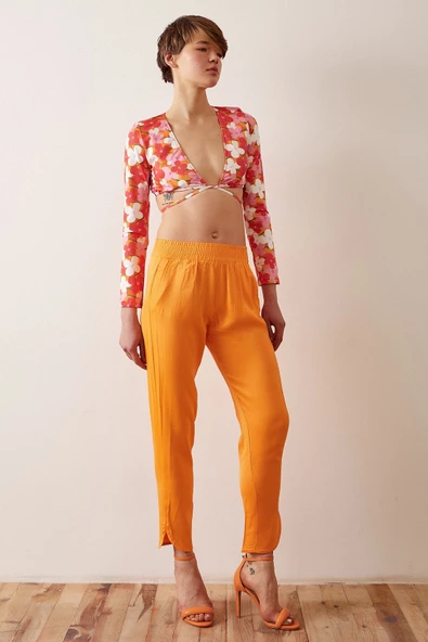 Beli Lastikli Saten Pantolon Turuncu - Resim 3