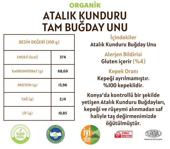 Taş Değirmenden Organik Organik Atalık Kunduru Tam Buğday Unu - 1 Kilo - Resim 2