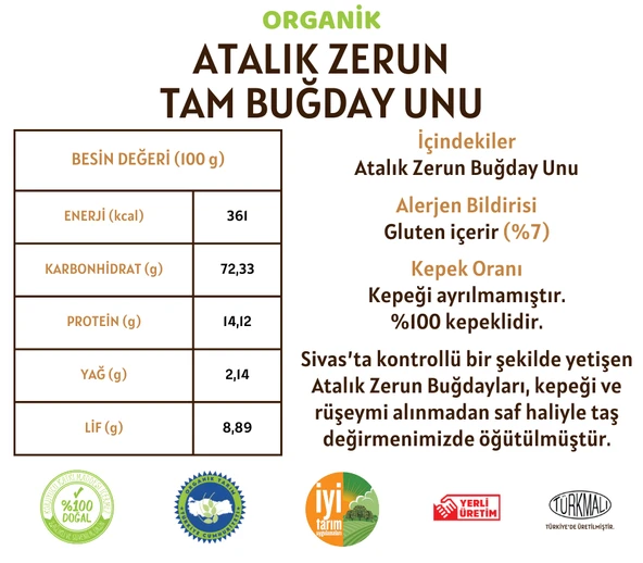 Taş Değirmenden Organik Organik Atalık Zerun Tam Buğday Unu - 1 Kilo - Resim 3