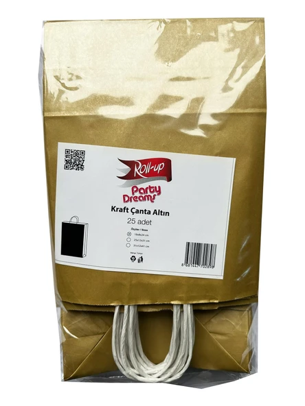 Büküm Saplı Kraft Kağıt Karton Hediyelik Çanta Poşet Torba - Altın - 25x31 Cm. - 25 Adetlik Paket