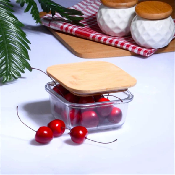 Bambu Kapaklı Vakumlu 3lü Kare Cam Kase Saklama Kabı - 2