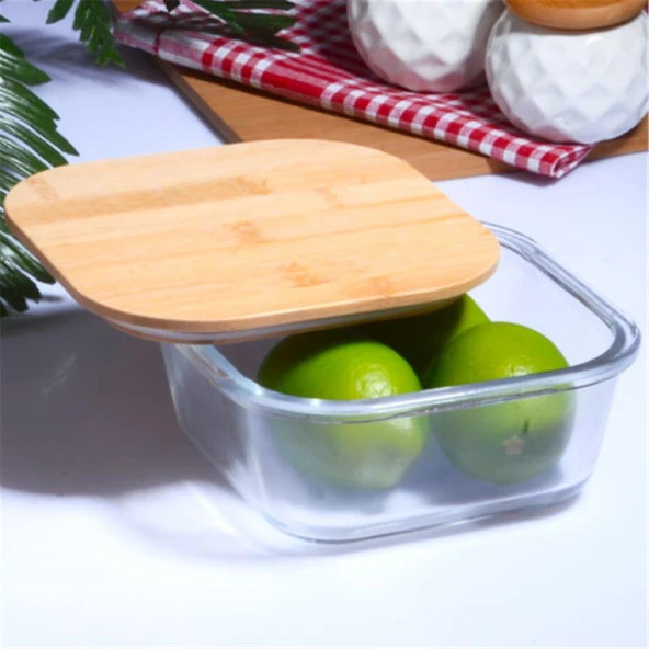 Bambu Kapaklı Vakumlu 3lü Kare Cam Kase Saklama Kabı - 3