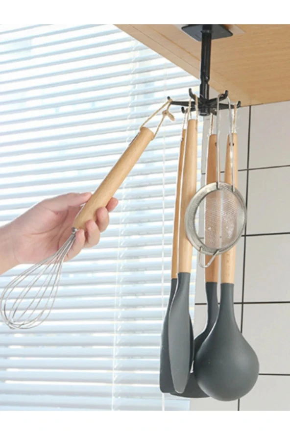 6 Kancalı Mutfak Banyo Döner Askı Kepçe Havlu Lif Askılığı Askılık Yapışkanlı Askı Fincan Askısı - 3