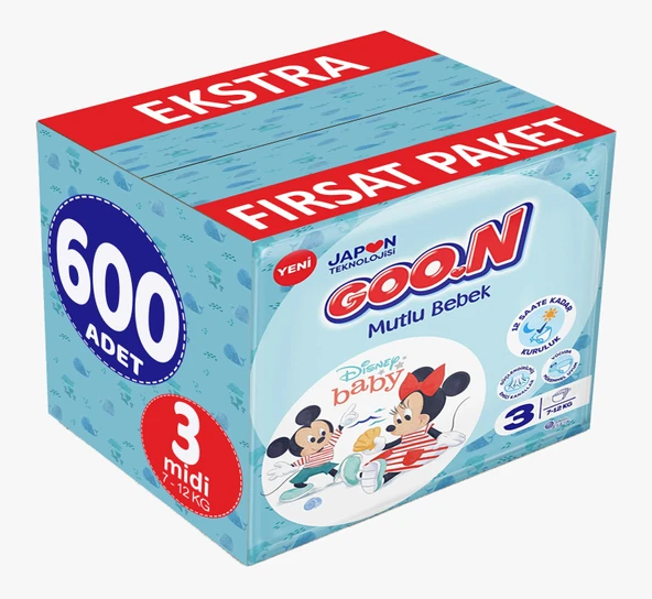 Goon Mutlu Bebek Bebek Bezi Beden:3 (7-12Kg) Midi 600 Adet Ekstra Fırsat Pk