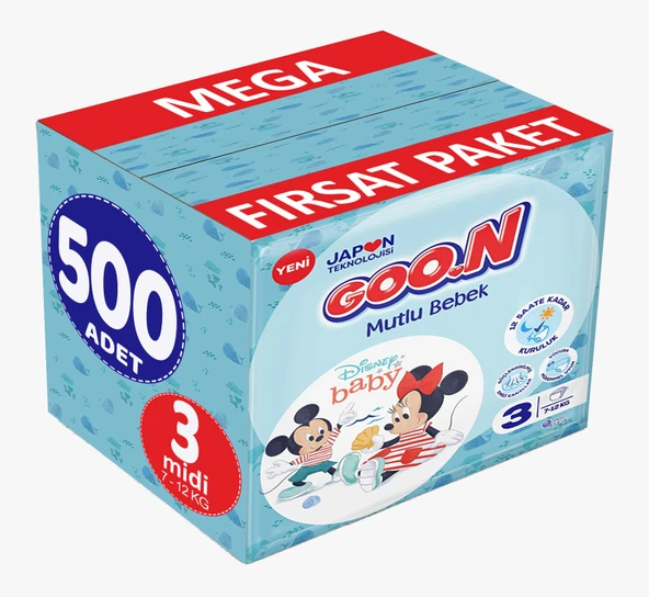 Goon Mutlu Bebek Bebek Bezi Beden:3 (7-12Kg) Midi 500 Adet Mega Fırsat Pk