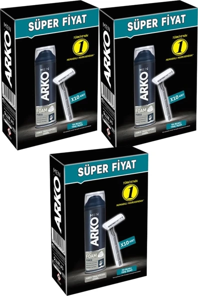 Arko Men 10 Adet Tekli Tıraş Bıçağı + Force Tıraş Köpüğü Pro 200ML (3 Lü Set)