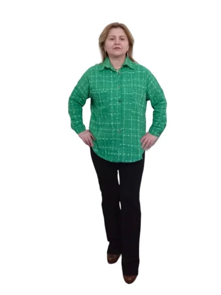 Channel Kumaş Oversize Gömlek - Renk Yeşil Beyaz - Beden Standart - 3