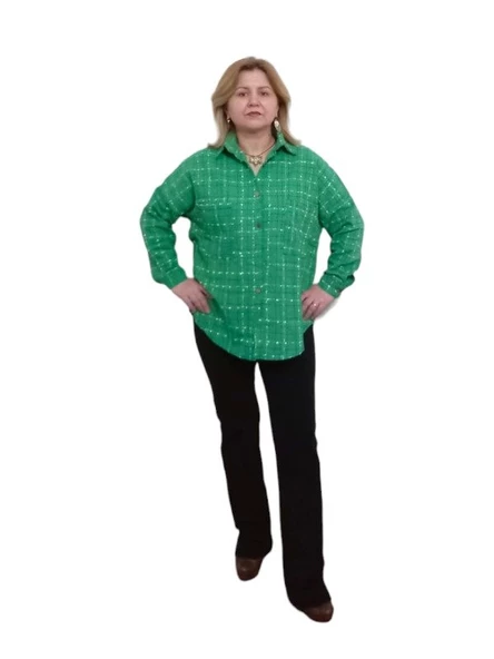 Channel Kumaş Oversize Gömlek - Renk Yeşil Beyaz - Beden Standart - 5