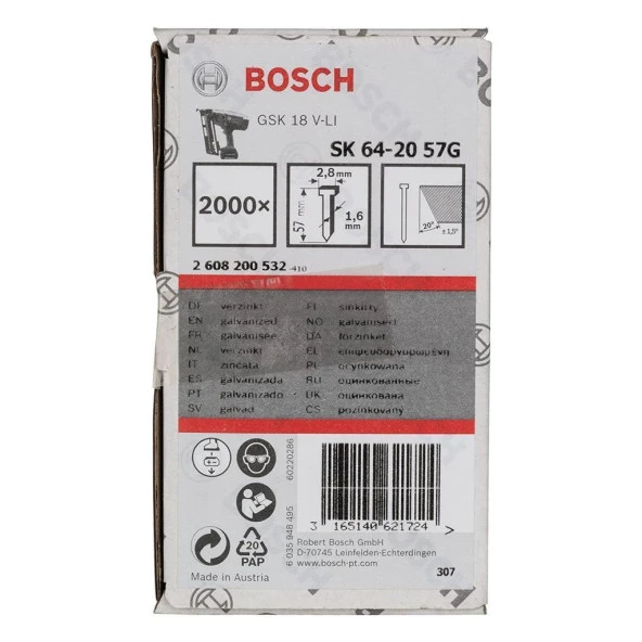 Bosch Başsız Çivi 20? 57 mm Galvanizli 2000li - 2608200532