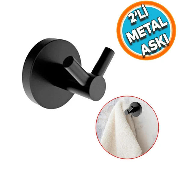 Metal Sağlam Banyo Lavabo 2li Askılık Aparat Bornoz Havlu Asma Askı Vidalı Siyah Renk