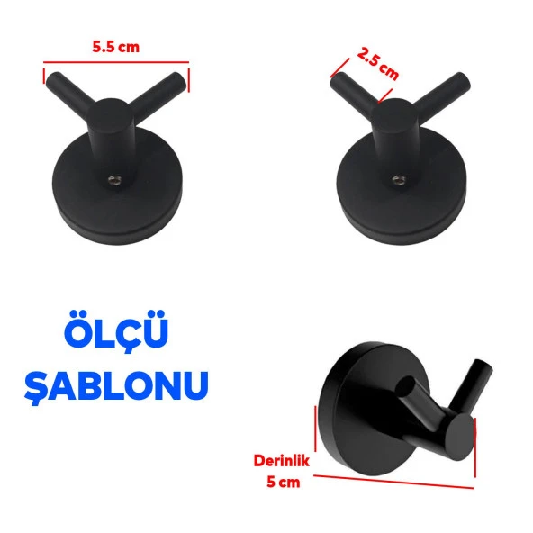 Metal Sağlam Banyo Lavabo 2li Askılık Aparat Bornoz Havlu Asma Askı Vidalı Siyah Renk - 2
