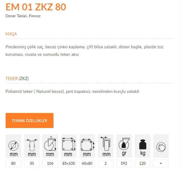 Emes EM01 ZKZ 80 Döner Tablalı Frensiz Kemik Teker 80 mm 120 Kg - Resim 2