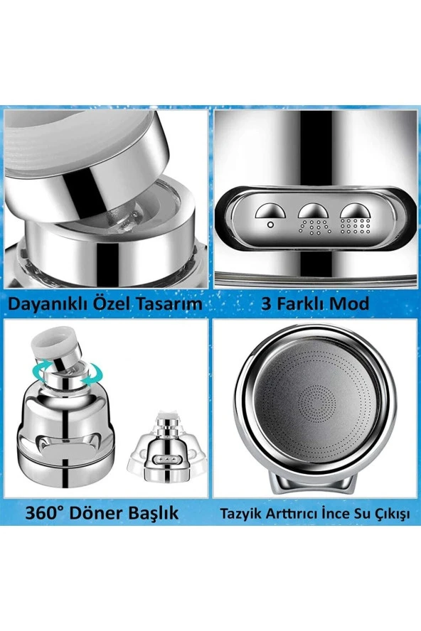 Su Tasarruflu 3 Fonksiyonlu Krom Mutfak Lavabo Başlığı 360 Derece Döner Ayarlanabilir - 3