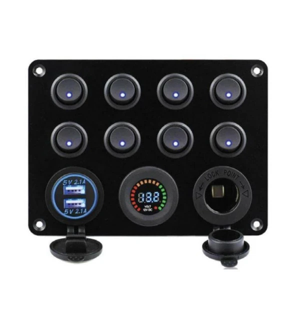 Bfy 8Li Otomatik Sigorta ve Işıklı Switch Panel Şarj+Usb+Voltmetre