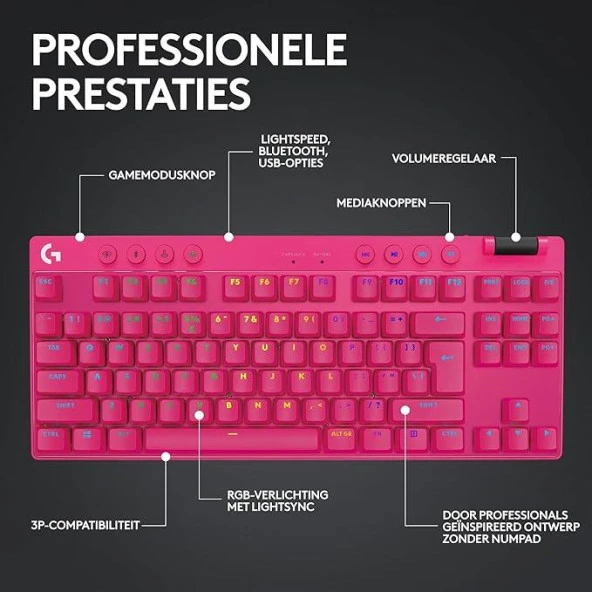 Logitech G Pro X TKL Lıghtspeed RGB Oyuncu Klavyesi - Pembe - Resim 5