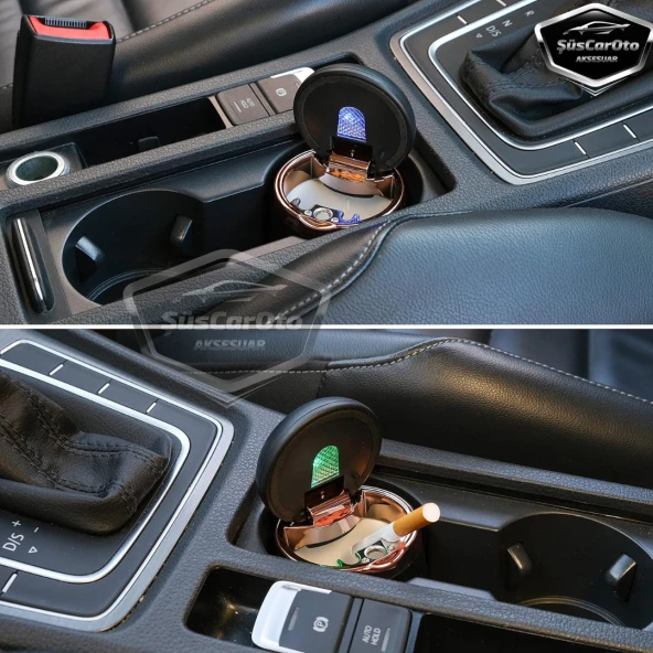 Üniversal 7 Renkli Işıklı Porselen Yanmaz Koku Geçirmez Lüx Oto Küllük Dumansız Kapaklı Spor Araç İçi Küllük Araba Küllüğü Gold - 3