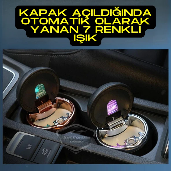 Üniversal 7 Renkli Işıklı Porselen Yanmaz Koku Geçirmez Lüx Oto Küllük Dumansız Kapaklı Spor Araç İçi Küllük Araba Küllüğü Gold - 6