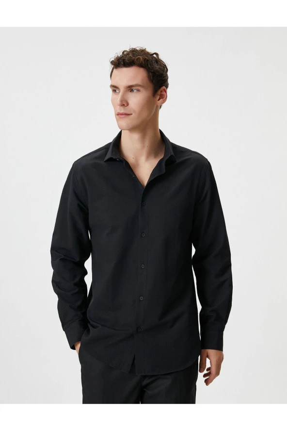 Slim Fit Gömlek Yarım İtalyan Yaka Düğmeli Dokulu - Resim 3