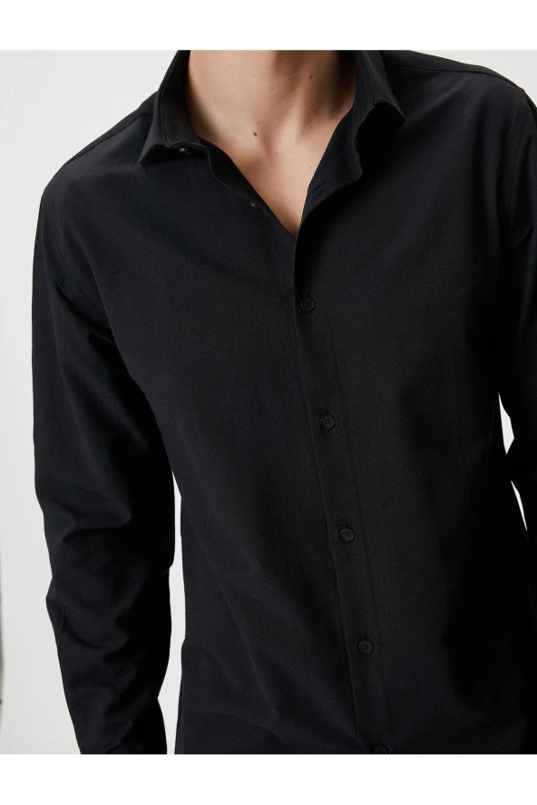 Slim Fit Gömlek Yarım İtalyan Yaka Düğmeli Dokulu - Resim 5