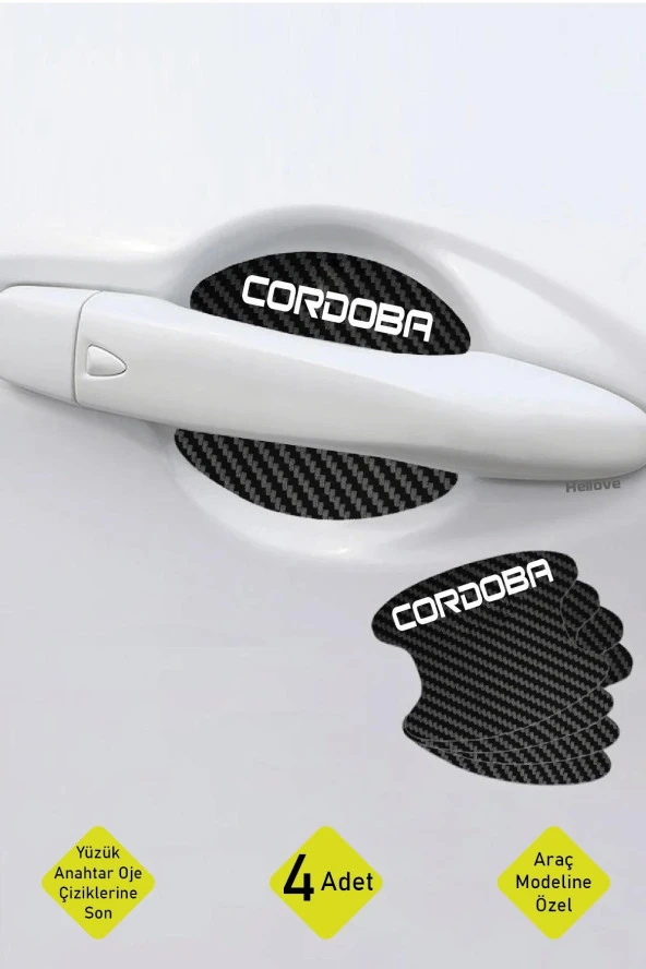 Oto Araç Kapı Kolu Koruyucu Boya Çizik Önleyici Karbon  Seat Cordoba Uyumlu Beyaz Cordoba Yazılı