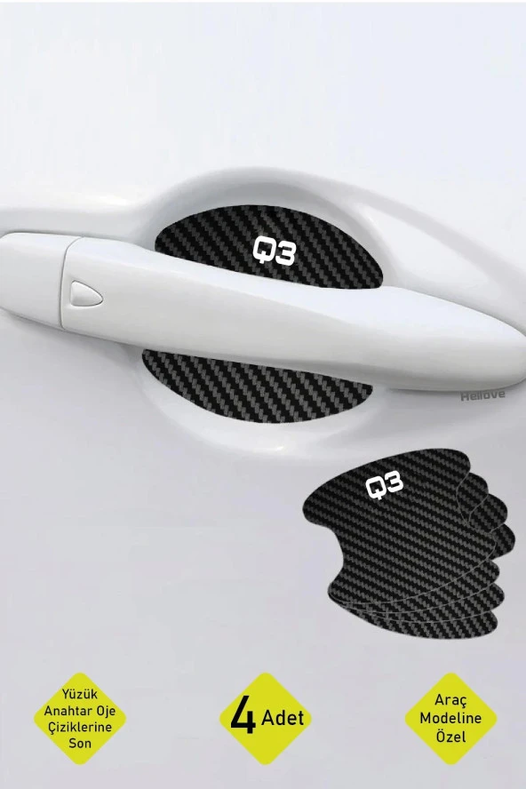 Oto Araç Kapı Kolu Koruyucu Boya Çizik Önleyici Karbon  Audi Q3 Uyumlu Beyaz Q3 Yazılı