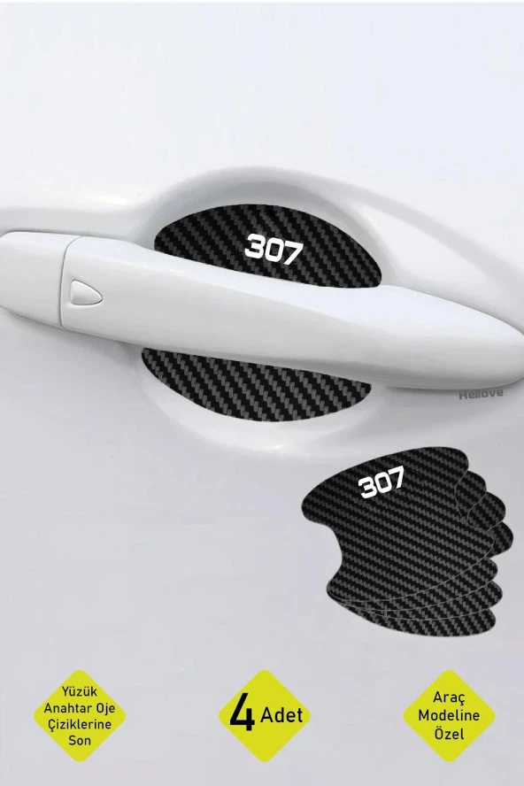 Oto Araç Kapı Kolu Koruyucu Boya Çizik Önleyici Karbon  Peugeot 307 Uyumlu Beyaz 307 Yazılı