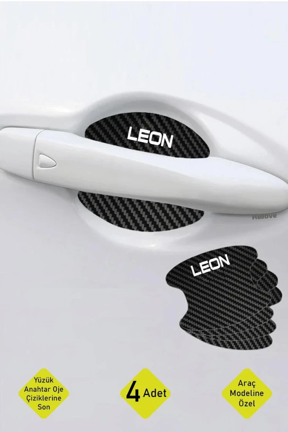 Oto Araç Kapı Kolu Koruyucu Boya Çizik Önleyici Karbon  Seat Leon Uyumlu Beyaz Leon Yazılı