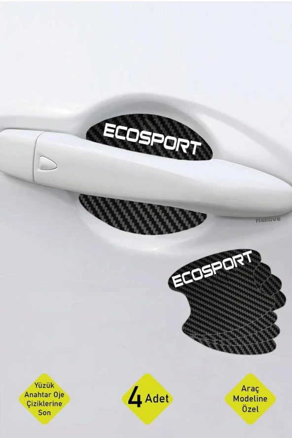 Oto Araç Kapı Kolu Koruyucu Boya Çizik Önleyici Karbon  Ford EcoSport Uyumlu Beyaz EcoSport Yazılı