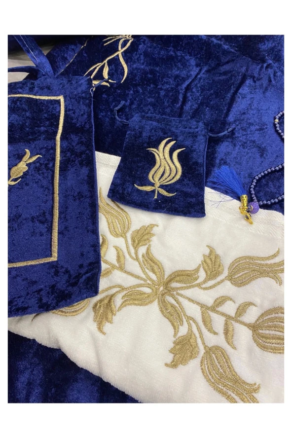 Lacivert Maraş İşi Nakışlı Kadife Seccade Çeyiz Seti - 2