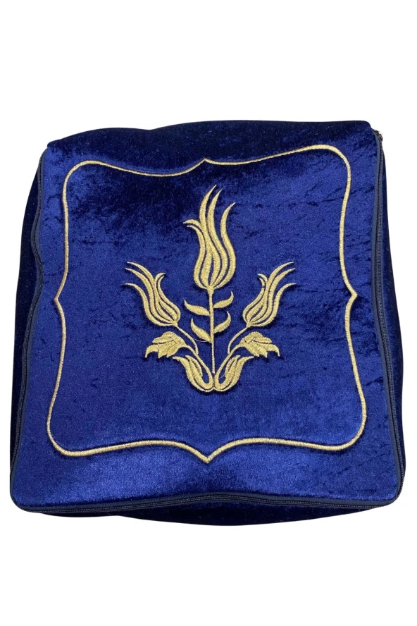 Lacivert Maraş İşi Nakışlı Kadife Seccade Çeyiz Seti - 3