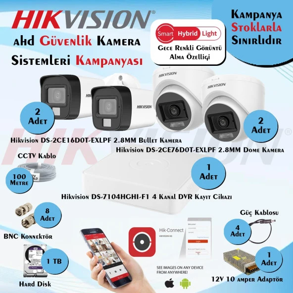 Hikvision Smart Hybrid Light AHD 4 Adet 2 Mp Güvenlik Kamera Seti