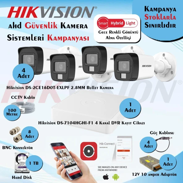 Hikvision Smart Hybrid Light AHD 4 Adet Bullet Kamera 2 Mp Güvenlik Kamera Seti